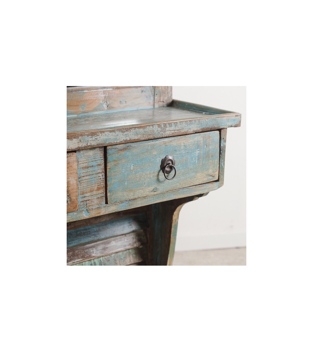 Coiffeuse Vintage Peinte à La Main - Bois, Miroir, Fleurs - Fabriquée En France